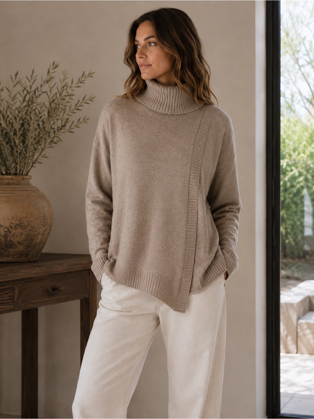 Women's Beige Asymmetric Turtleneck Sweater Wool Blend- Size Small